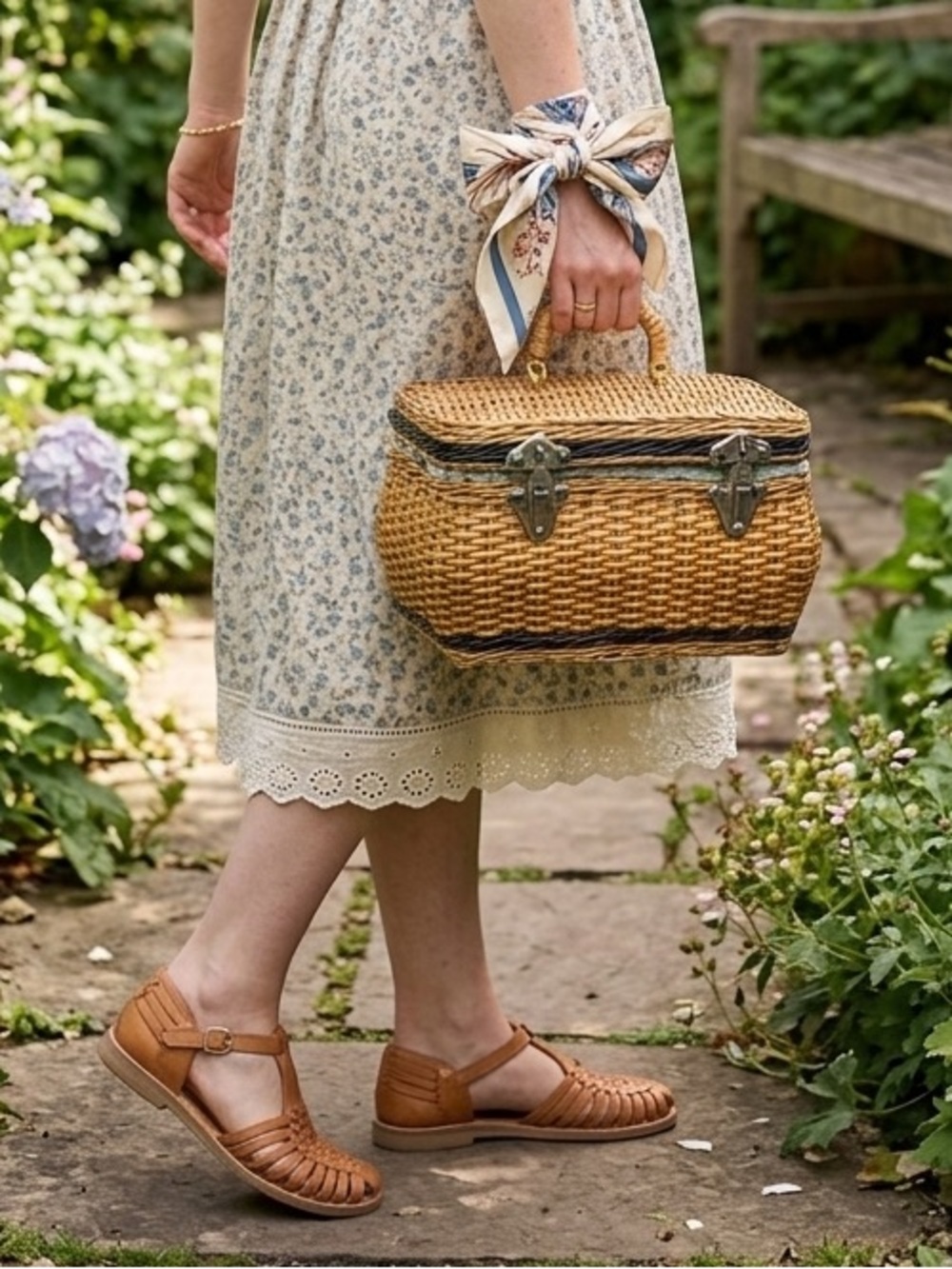 Vintage 50s Garden Cottagecore Basket Handbag Floral Cotton Liner Leather Strape - Picture 9 of 11